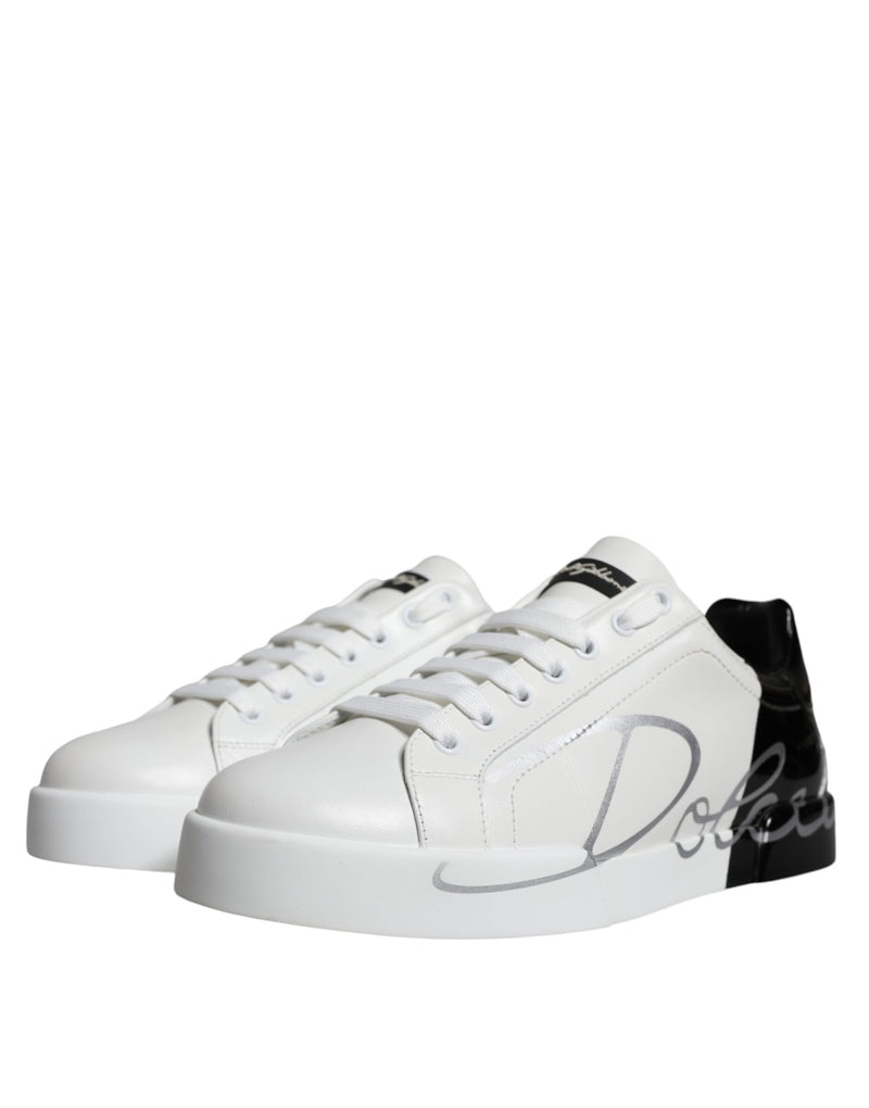 Dolce & Gabbana White Blue Leather Logo Low Top Sneakers Men's Shoes