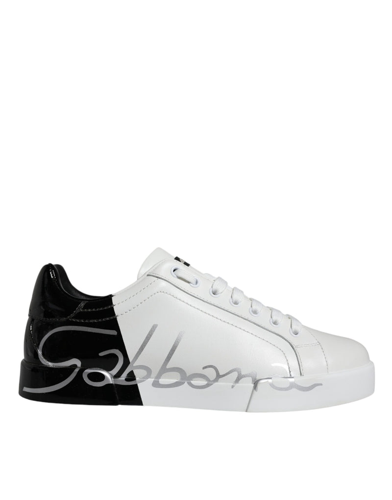 Dolce & Gabbana White Blue Leather Logo Low Top Sneakers Men's Shoes