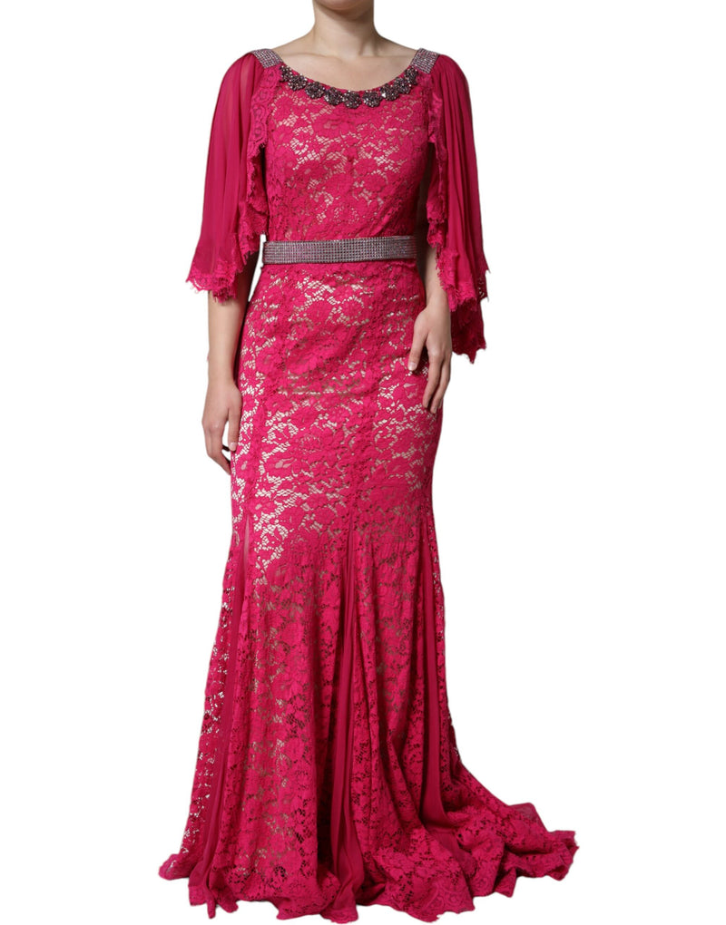 Dolce & Gabbana Pink Lace Crystal Sheath Long Gown Women's Dress