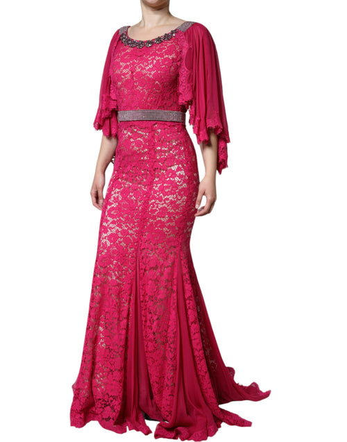 Dolce & Gabbana Pink Lace Crystal Sheath Long Gown Women's Dress