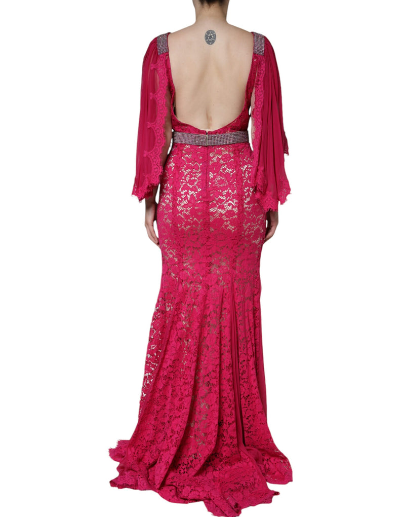 Dolce & Gabbana Pink Lace Crystal Sheath Long Gown Women's Dress