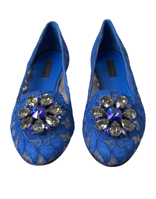 Dolce & Gabbana Blue Lace Crystal Ballet Flats Loafers Women's Shoes