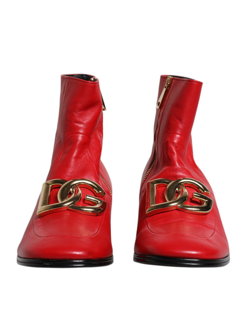 Dolce & Gabbana Red Leather Logo Chelsea Ankle Boots Men's Shoes