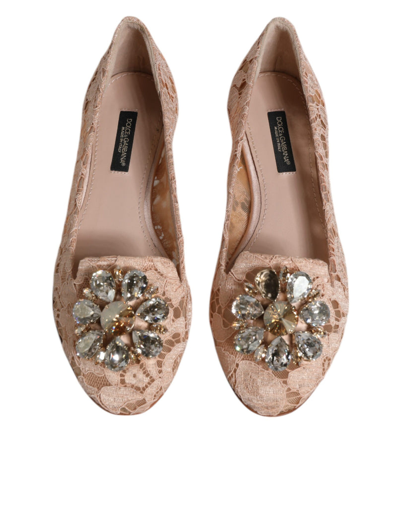 Dolce & Gabbana Beige Lace Crystal Ballet Flats Loafers Women's Shoes (Pre-Owned)