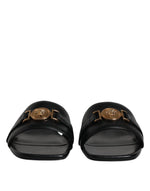 Versace Black Leather Logo Plaque Slip On Slides Flats Women's Shoes