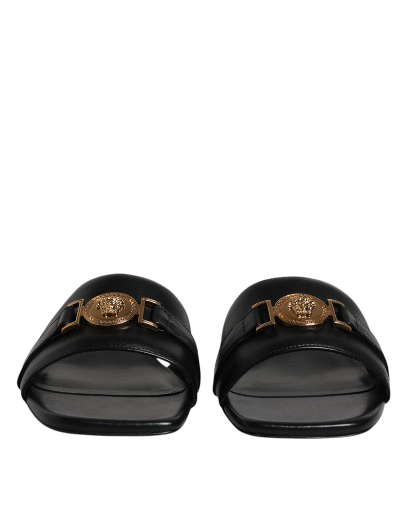 Versace Black Leather Logo Plaque Slip On Slides Flats Women's Shoes