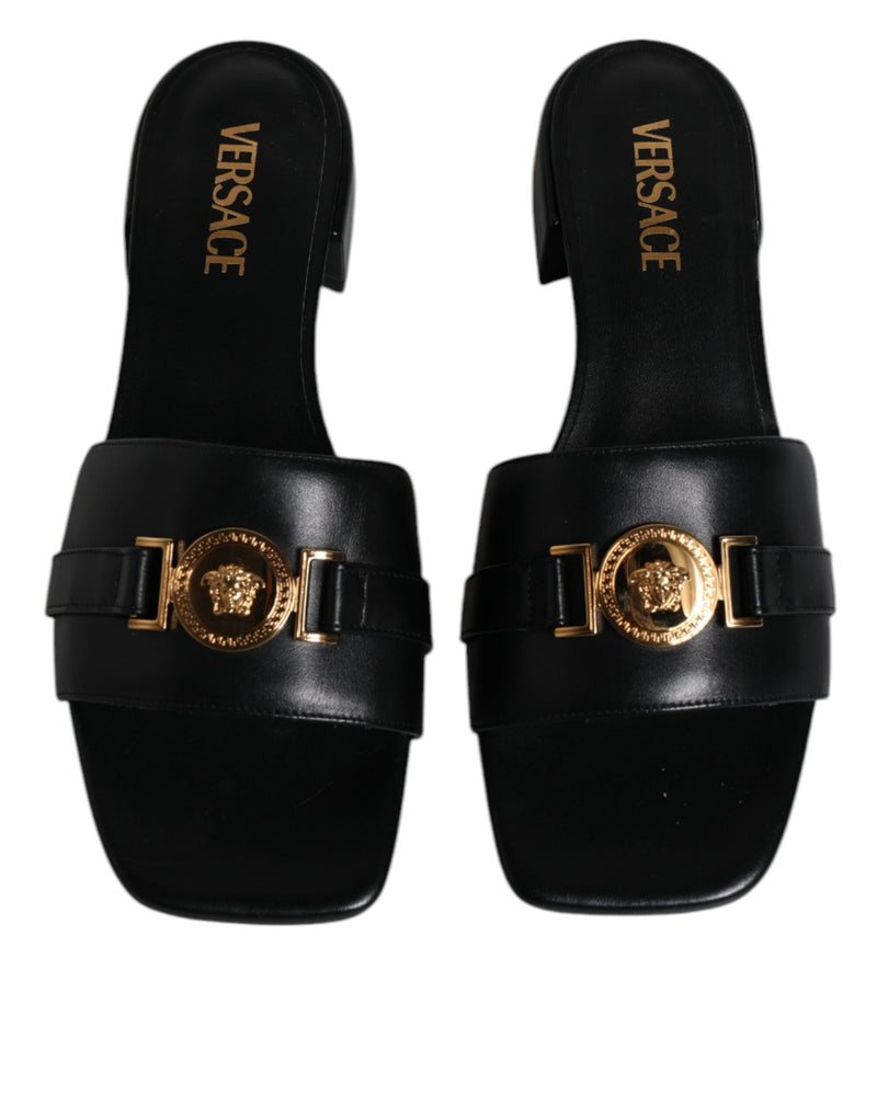 Versace Black Leather Logo Plaque Slip On Slides Flats Women's Shoes