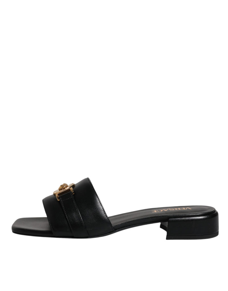 Versace Black Leather Logo Plaque Slip On Slides Flats Women's Shoes