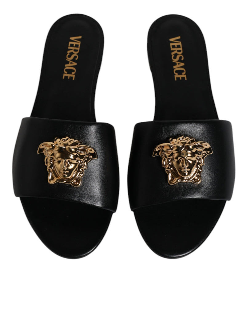 Versace Black Leather Logo Plaque Slip On Slides Flats Women's Shoes