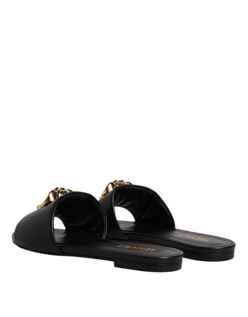 Versace Black Leather Logo Plaque Slip On Slides Flats Women's Shoes