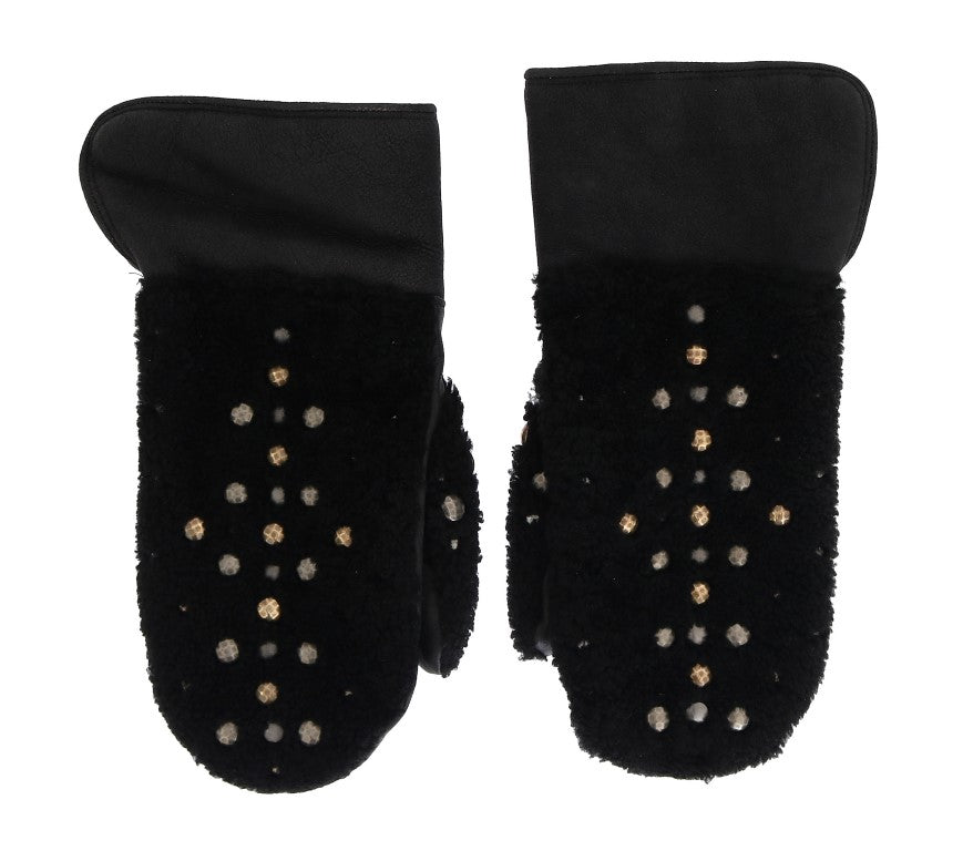 Dolce & Gabbana Black Leather Shearling Studded Men's Gloves