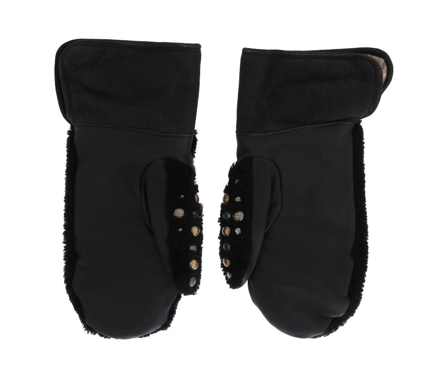 Dolce & Gabbana Black Leather Shearling Studded Men's Gloves