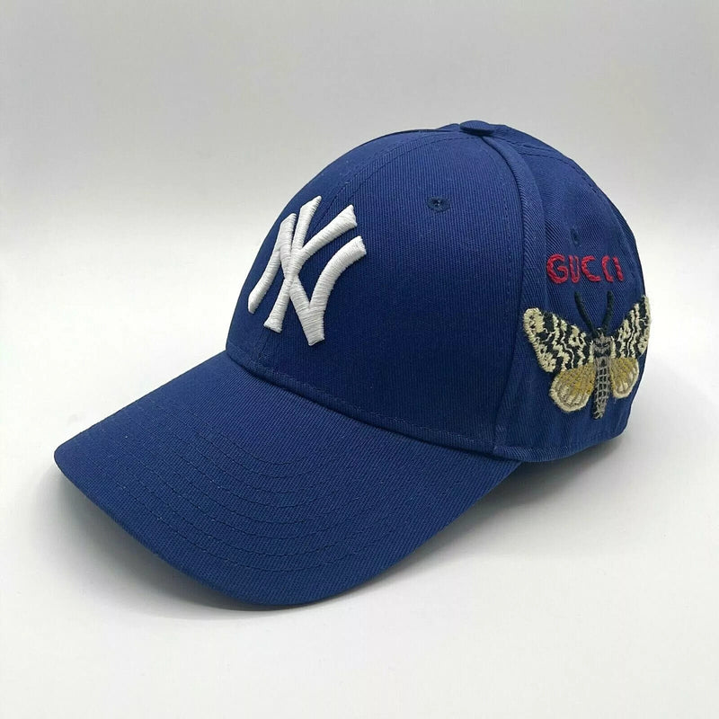 Gucci Unisex Blue Cotton NY Yankee Butterfly Embroidery Baseball Hat