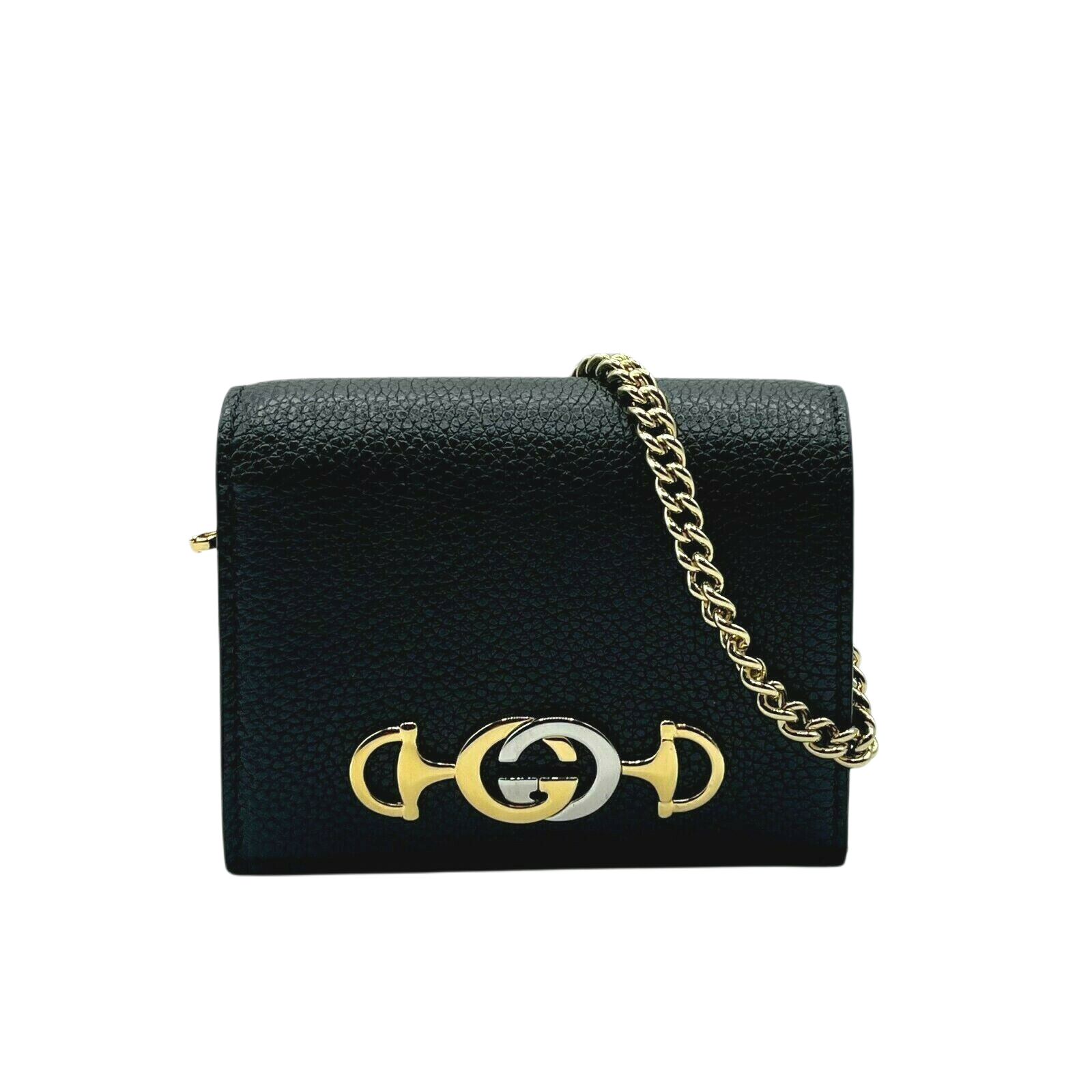 Gucci Zumi Women's Black Leather Gold Chain Bi-Fold Mini Wallet GG Logo