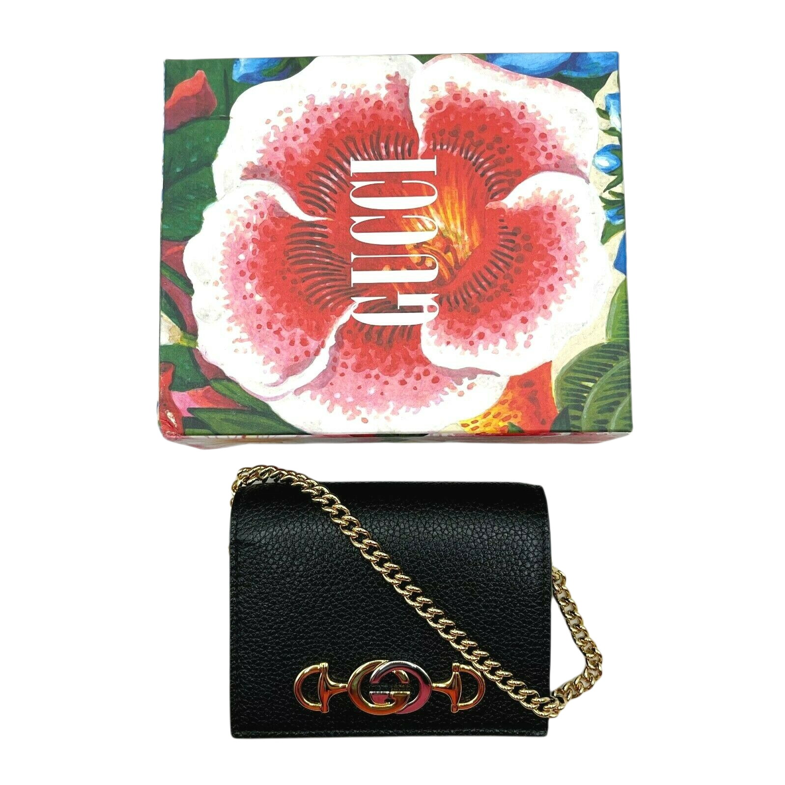 Gucci Zumi Women's Black Leather Gold Chain Bi-Fold Mini Wallet GG Logo