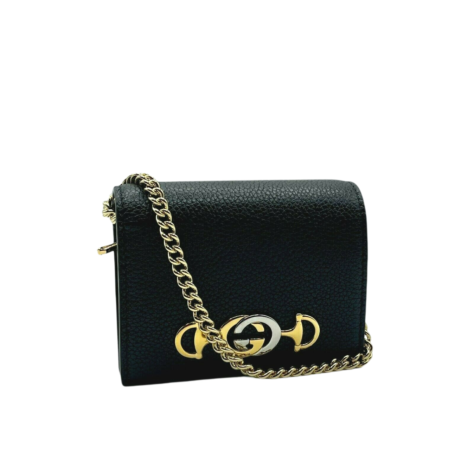 Gucci Zumi Women's Black Leather Gold Chain Bi-Fold Mini Wallet GG Logo