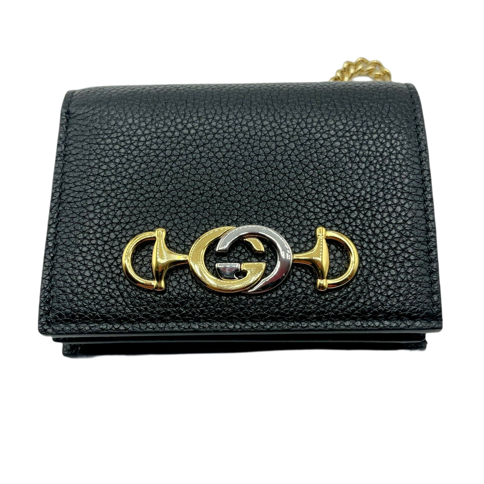 Gucci Zumi Women's Black Leather Gold Chain Bi-Fold Mini Wallet GG Logo