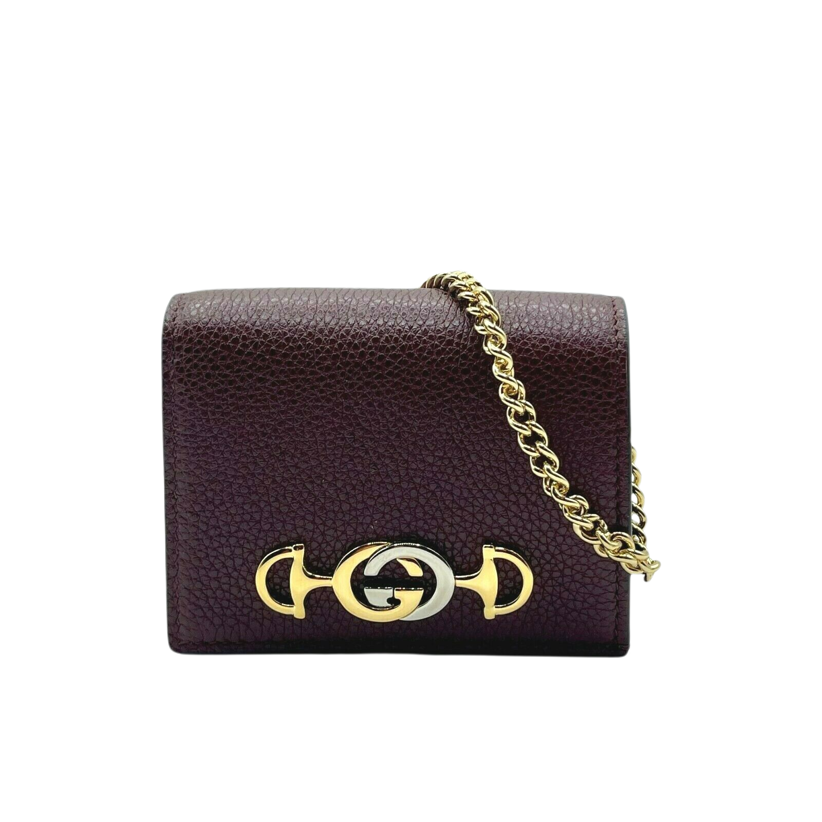 Gucci Zumi Burgundy Leather Gold Chain Bi Fold Mini Wallet