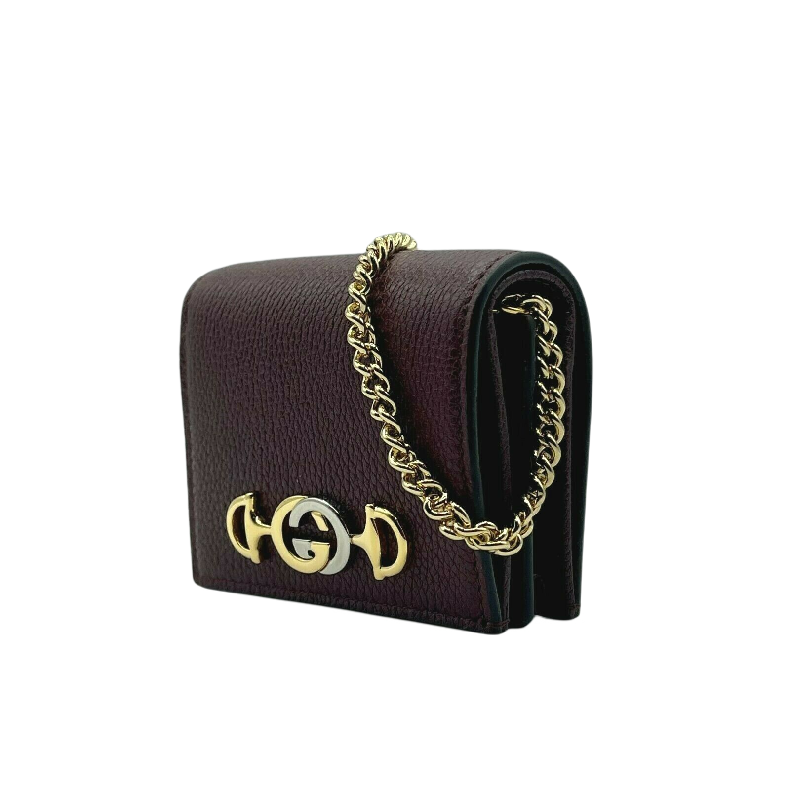 Gucci Zumi Burgundy Leather Gold Chain Bi-Fold Mini Wallet