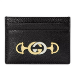 Gucci Women's Zumi Black Leather Card Holder Wallet Metal GG Logo