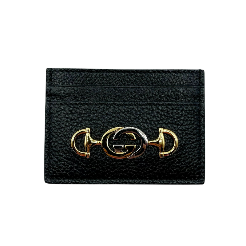 Gucci Women's Zumi Black Leather Card Holder Wallet Metal GG Logo