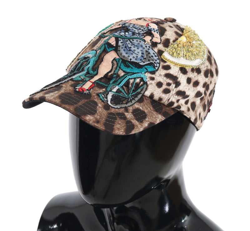 Dolce & Gabbana Brown Leopard Sequin Sicily Applique Baseball Women's Hat