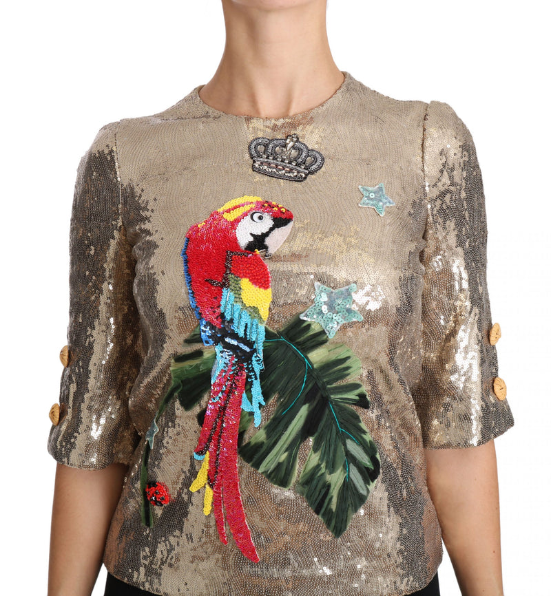 Dolce & Gabbana Gold Parrot Motif Crewneck Blouse with Women's Crystals