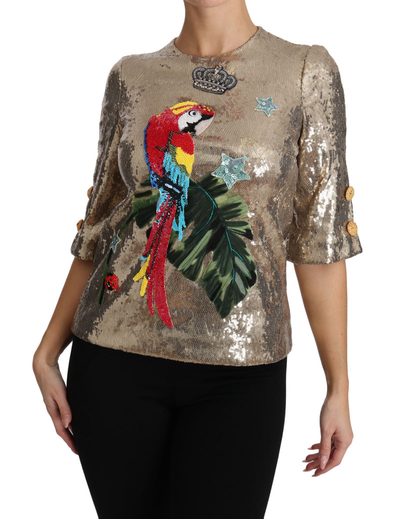 Dolce & Gabbana Gold Parrot Motif Crewneck Blouse with Women's Crystals