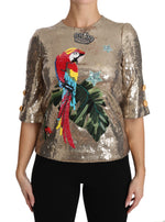 Dolce & Gabbana Gold Parrot Motif Crewneck Blouse with Women's Crystals