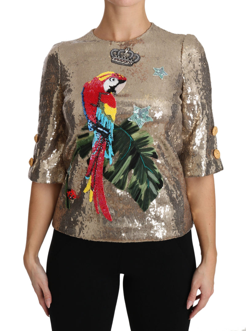 Dolce & Gabbana Gold Parrot Motif Crewneck Blouse with Women's Crystals