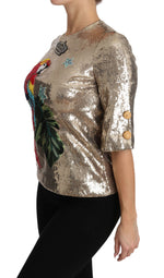 Dolce & Gabbana Gold Parrot Motif Crewneck Blouse with Women's Crystals