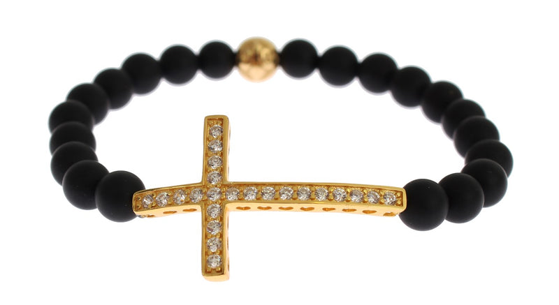 Nialaya Chic Matte Onyx Bead & CZ Diamond Cross Women's Bracelet