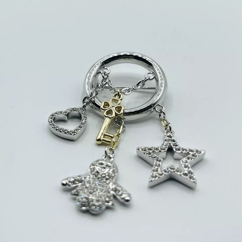 Swarovski Rhodium Silver Key Heart Star and Doll Charms Circle Brooch