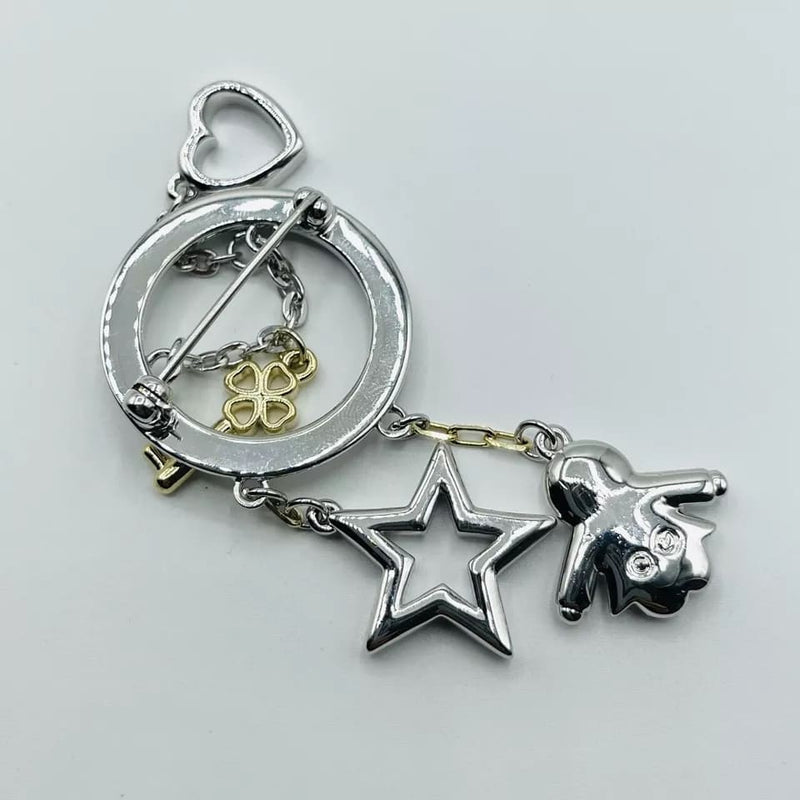 Swarovski Rhodium Silver Key Heart Star and Doll Charms Circle Brooch