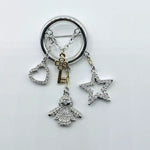 Swarovski Rhodium Silver Key Heart Star and Doll Charms Circle Brooch