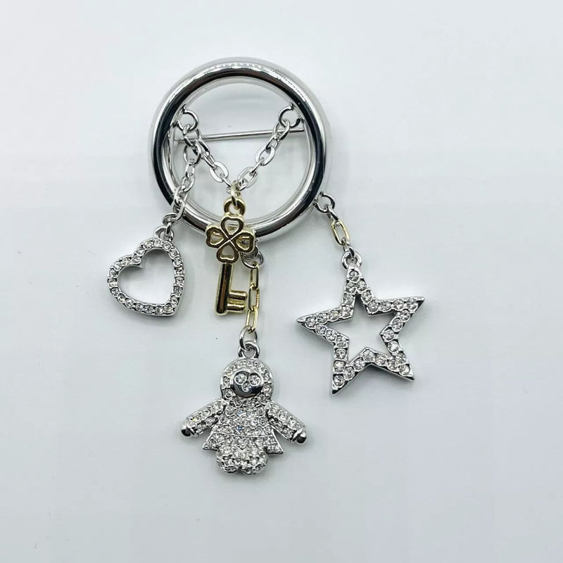 Swarovski Rhodium Silver Key Heart Star and Doll Charms Circle Brooch