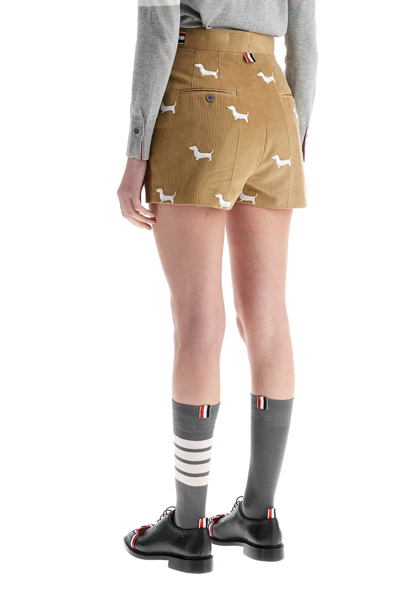 Thom Browne Women's Khaki Corduroy Shorts With White Dog Pattern