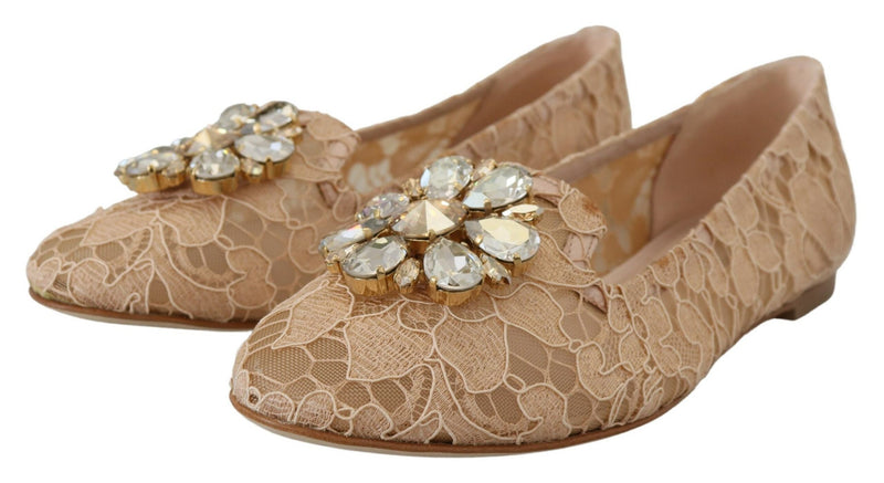 Dolce & Gabbana Elegant Beige Lace Vally Flats with Crystal Women's Accent