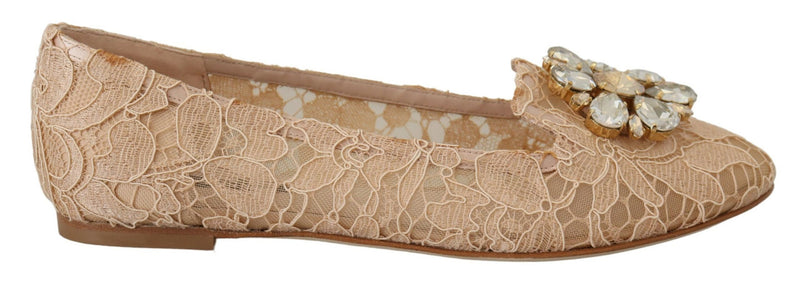 Dolce & Gabbana Elegant Beige Lace Vally Flats with Crystal Women's Accent