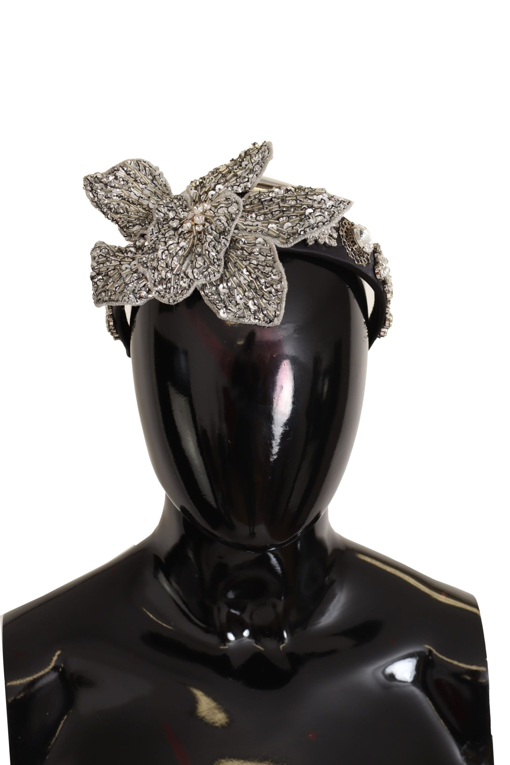 Dolce & Gabbana Black Flower Sequined Crystals Fascinator Diadem Women