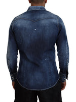 Dsquared² Blue Washed Goth Surfer Print Men Denim Men's Shirt (Pre-Owned)