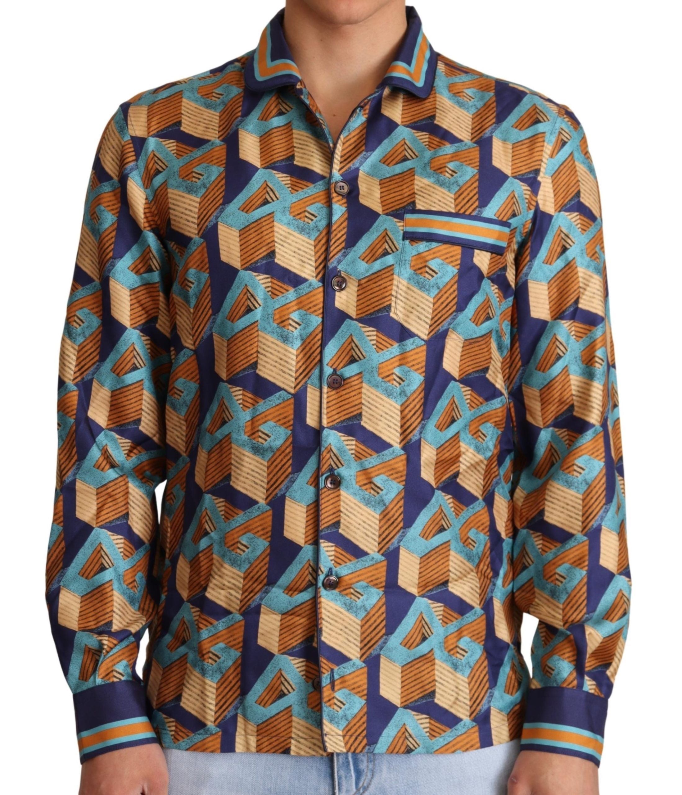 Dolce & Gabbana Men's Silk Geo-print Pyjama Shirt In Blue