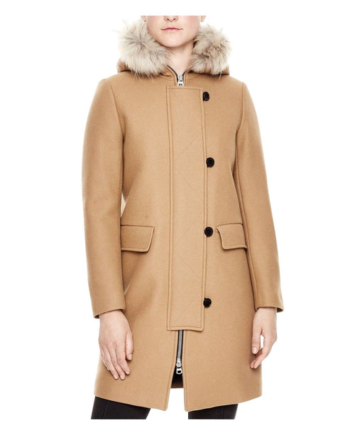 Sandro Women s Camel Kurt Wool Coat Fur Trim Women s Hood