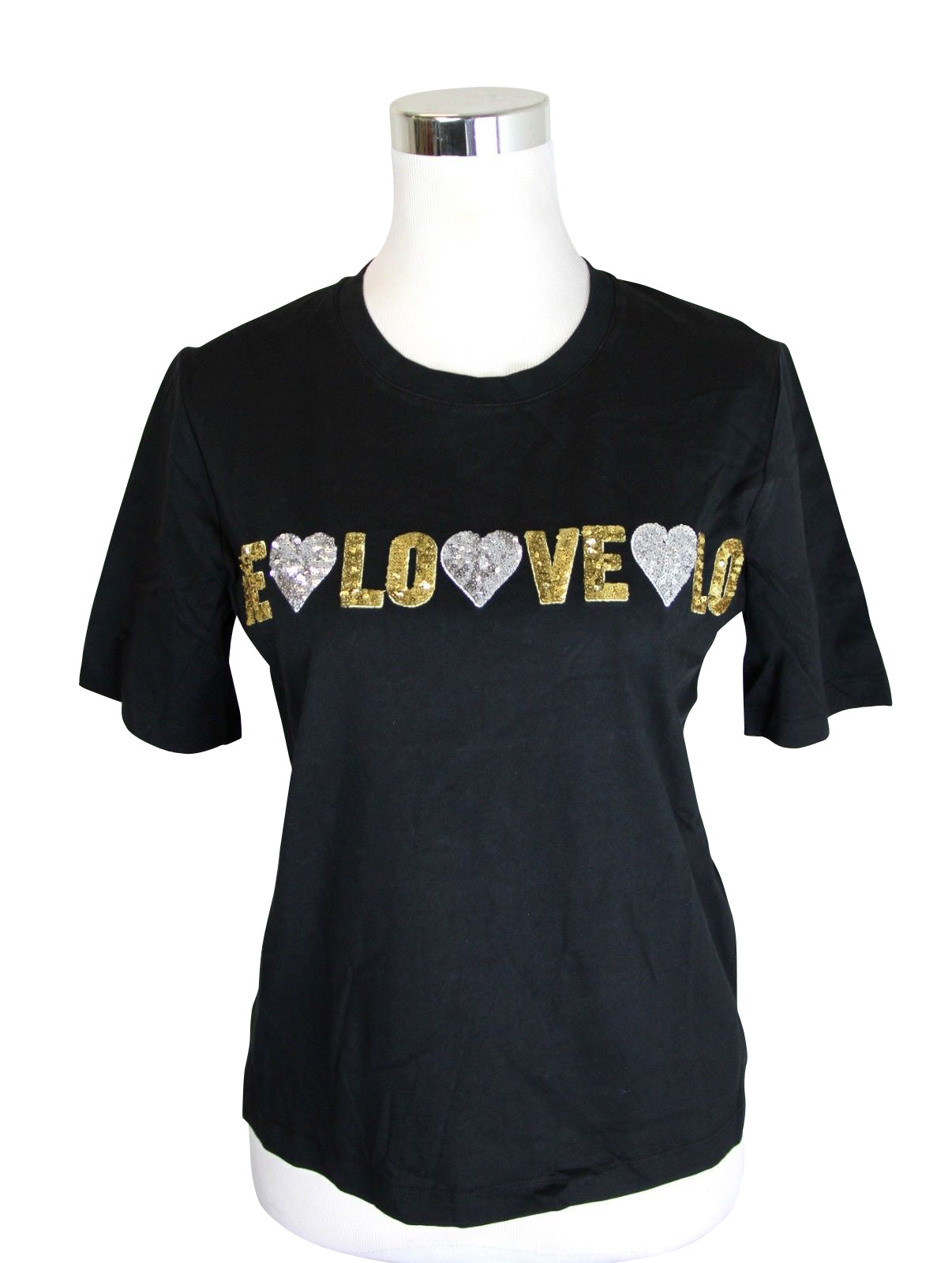 Maje Women's Gold and Silver Sequins Black Cotton LOVE T-Shirt