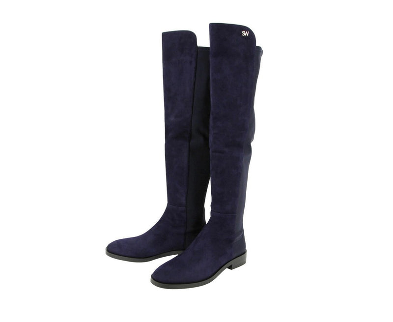 Stuart Weitzman Women's Keelan Dark Blue Suede With Logo Over The Knee Boots