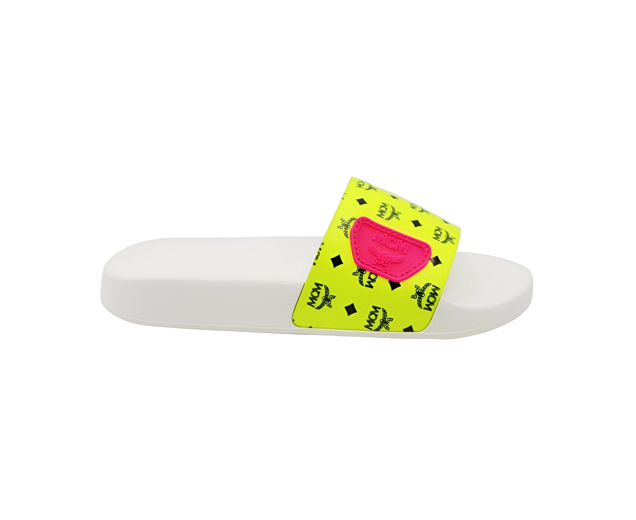 MCM Rubber Slides White Neon Yellow Sandals for Women