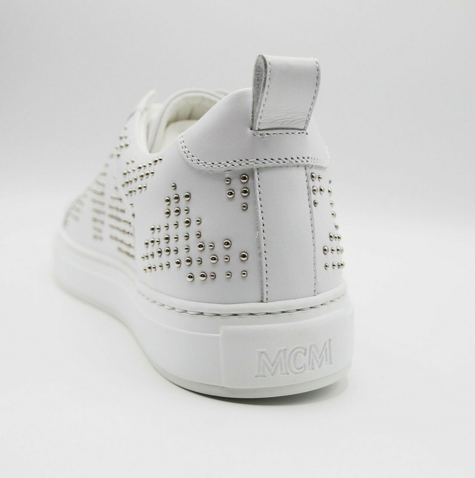 MCM Women's White Leather Silver Studded Sneaker (37 / US 7)