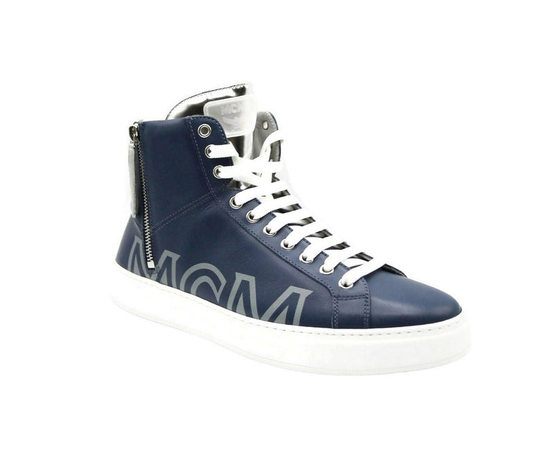 MCM Men's Estate Blue Leather Hi Top With Silver Trim Sneakers