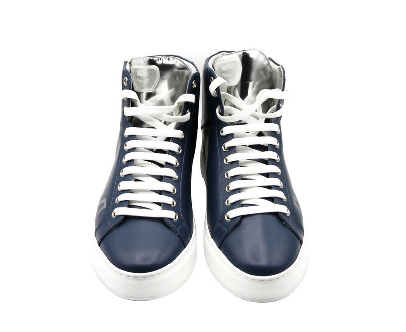 MCM Men's Estate Blue Leather Hi Top With Silver Trim Sneakers