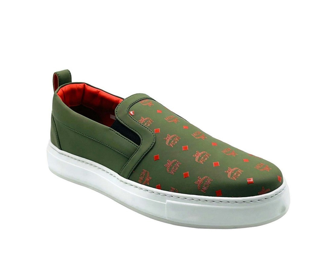 MCM Men's Moss Green Orange Logo Leather Slip On Sneaker (41 EU / 8 US)